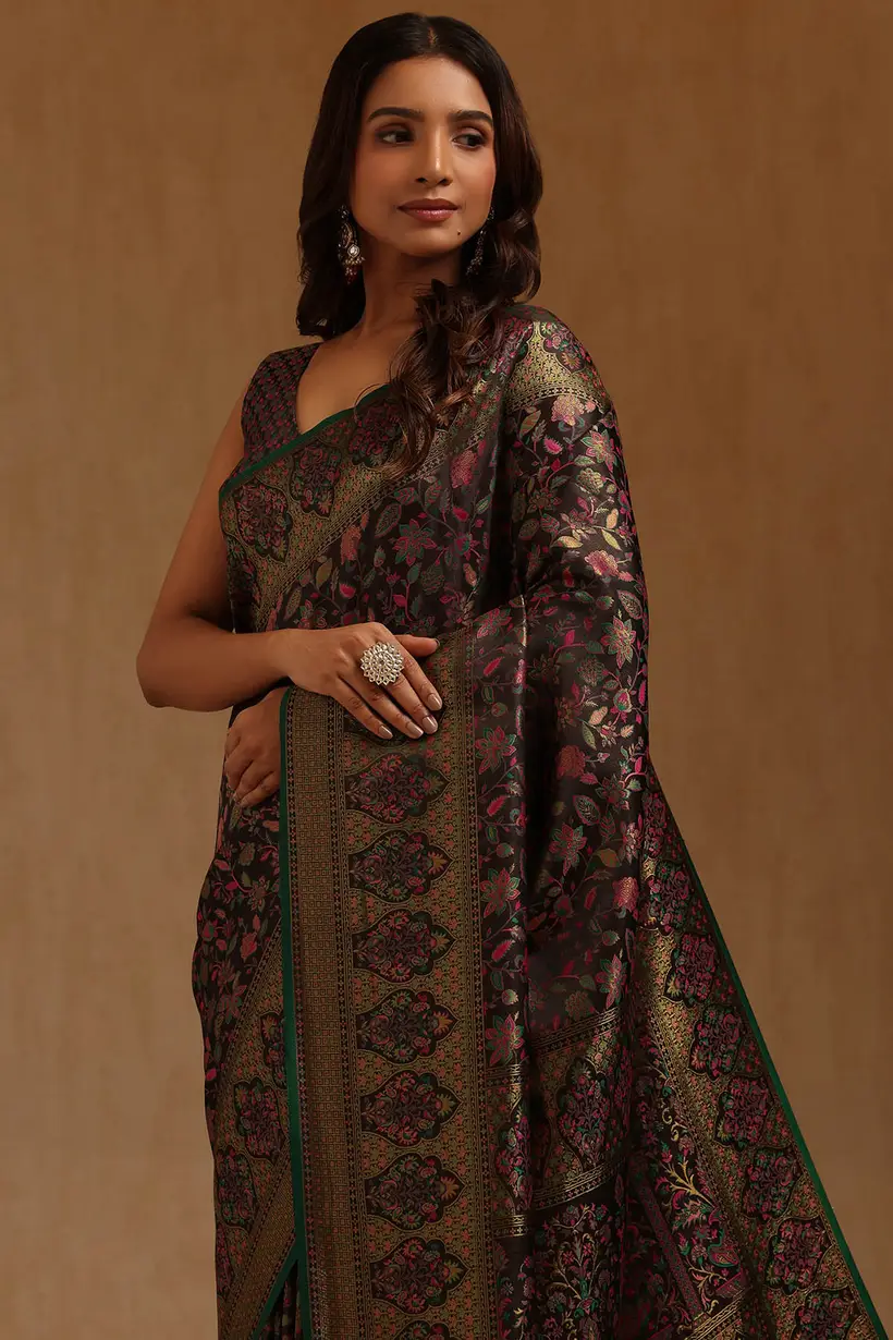 Black Tussar Floral Woven Design Saree